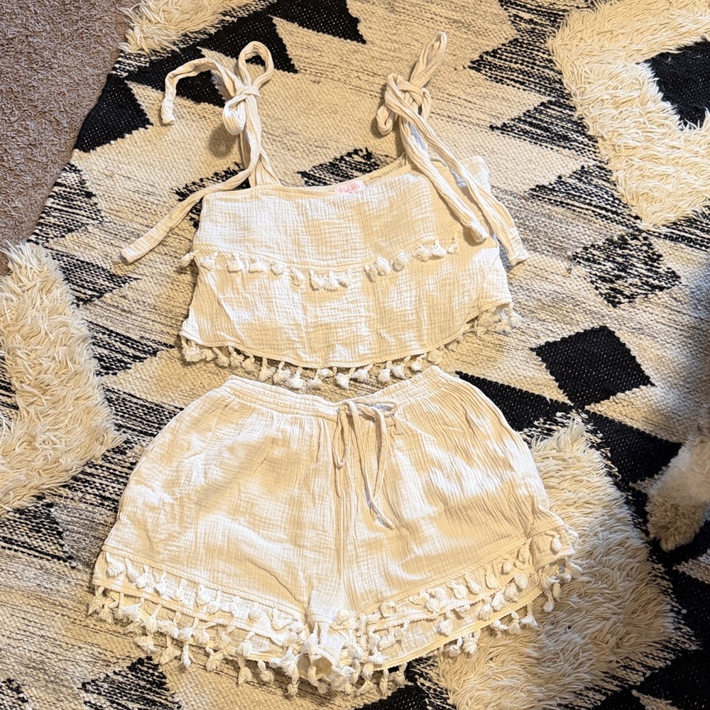 Pink Lily Cream Tassel Crop Top & Shorts Set